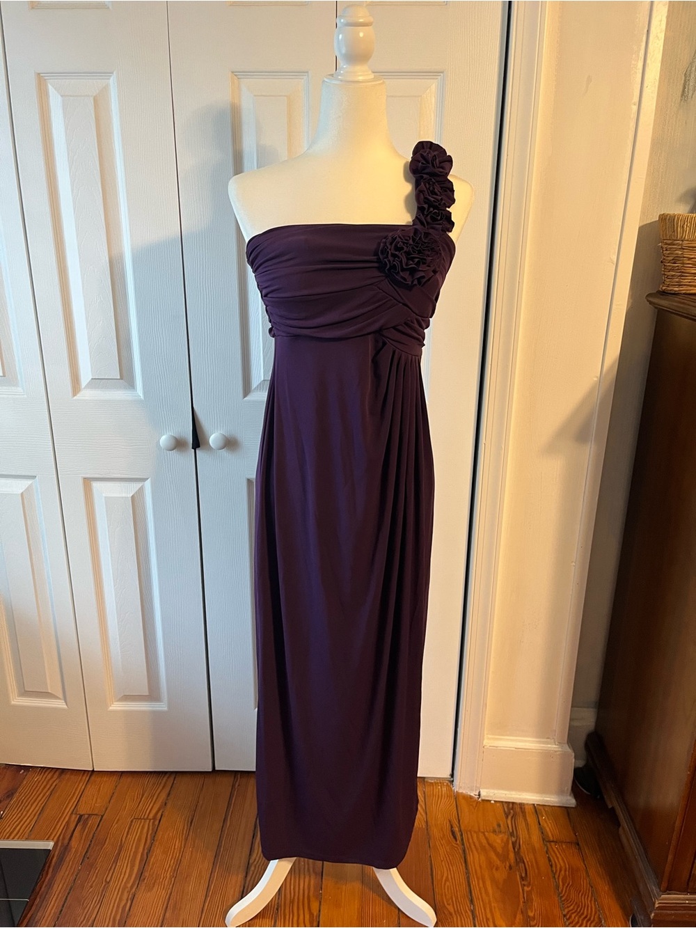 Enfocus Studio One-Shoulder Plum Gown with Rosette Detail